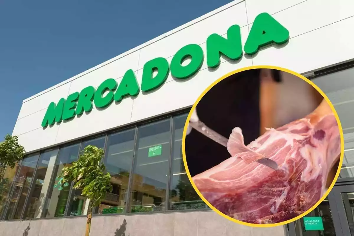 Muntatge amb l´exterior d´una botiga de Mercadona i un cercle amb algú tallant un pernil serrà