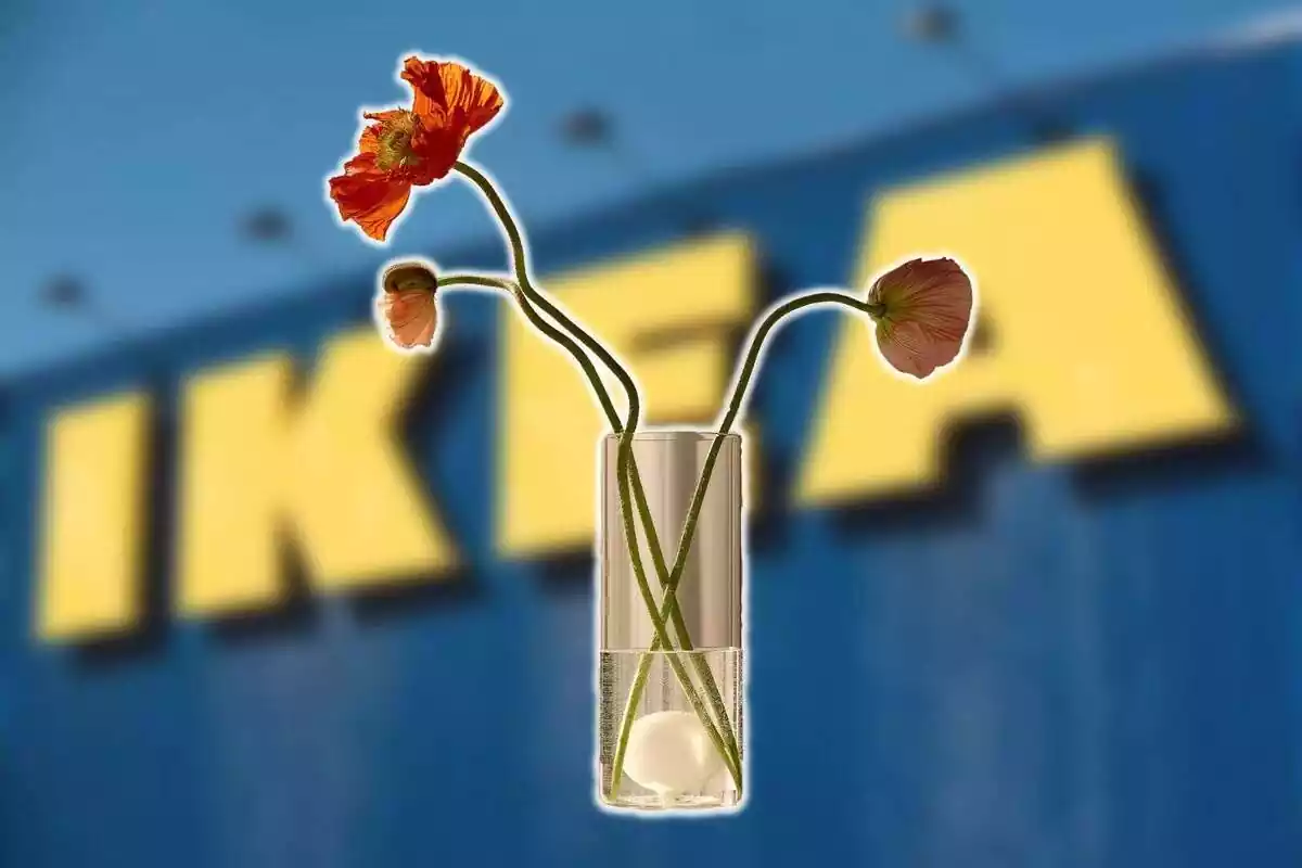 Muntatge amb el logotip de Ikea de fons i el seu gerro VARMBLIXT amb flors