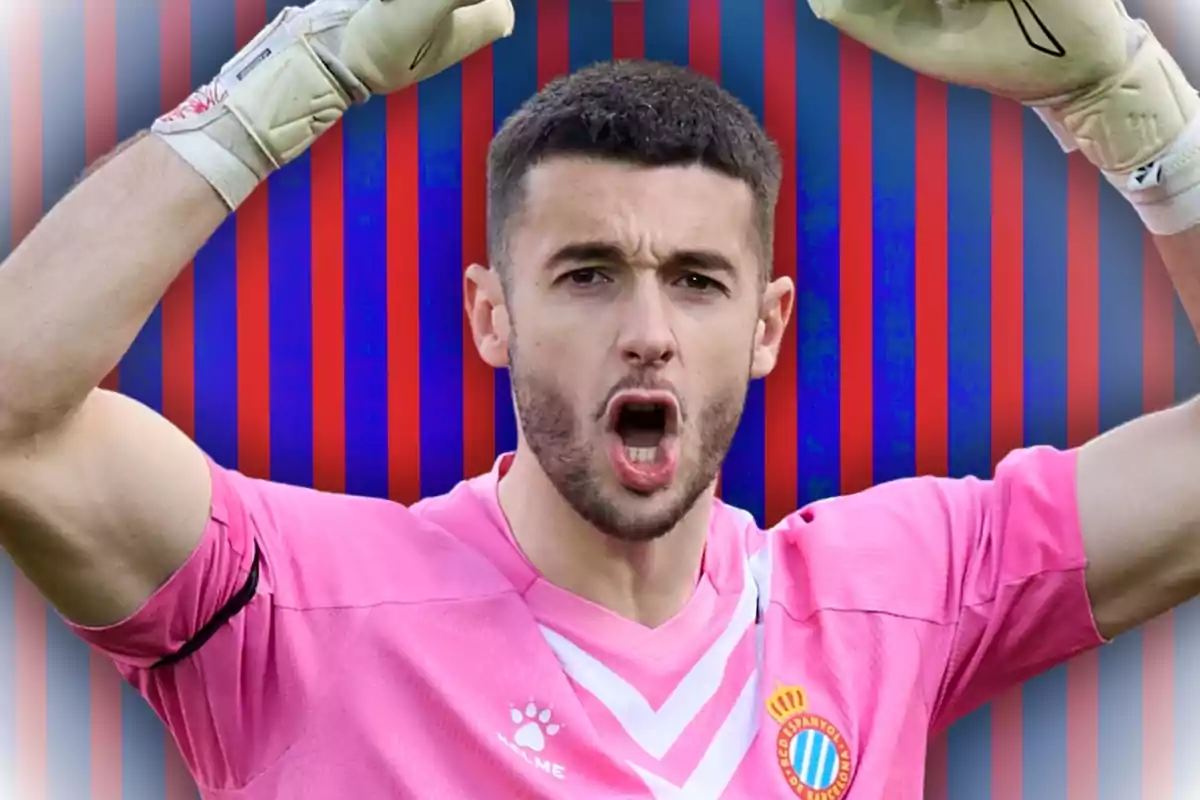 A player in a pink uniform and gloves raises his arms in front of a background of blue and red stripes. A player in a pink uniform and gloves raises his arms in front of a background of blue and red stripes.