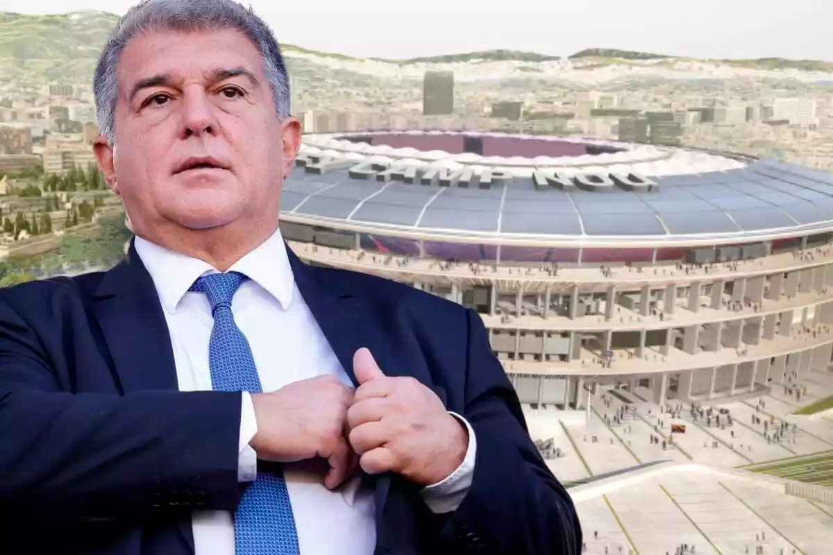 Joan Laporta en primer plano con el nuevo Spotify Camp Nou de fondo