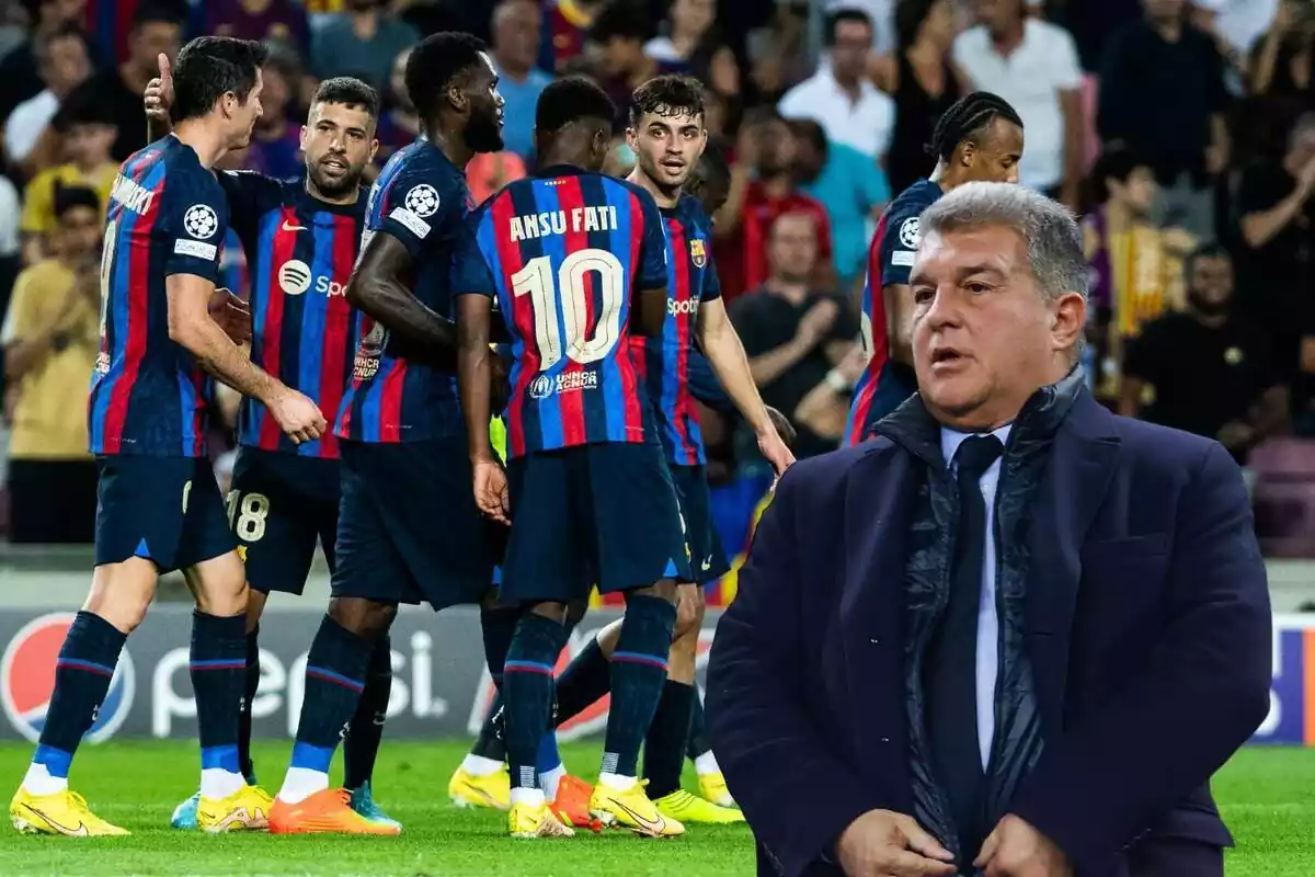 Muntatge de Joan laporta amb els jugadors del Barça