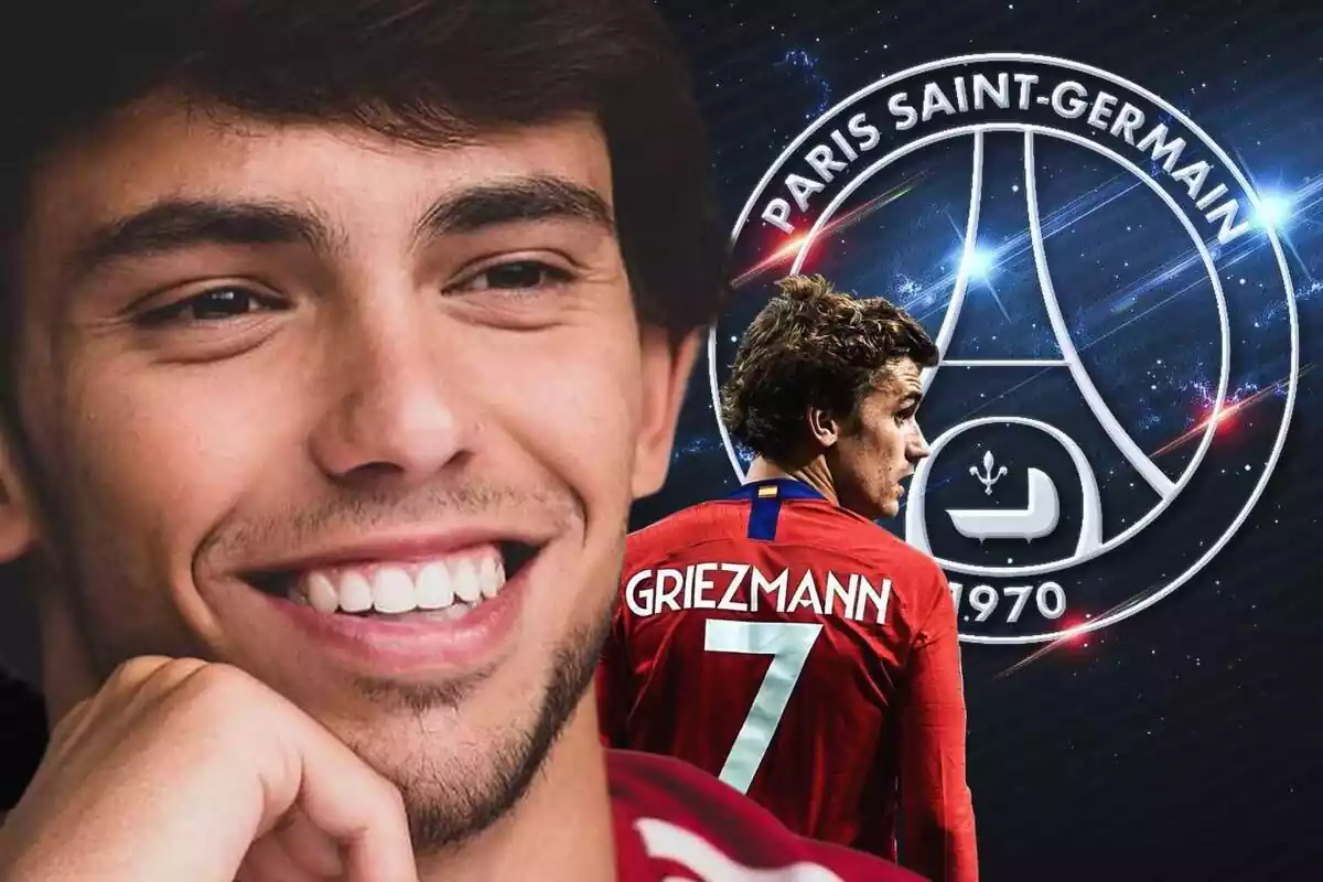 Joao Félix mirant a l'escut del PSG amb Griezmann d'esquena