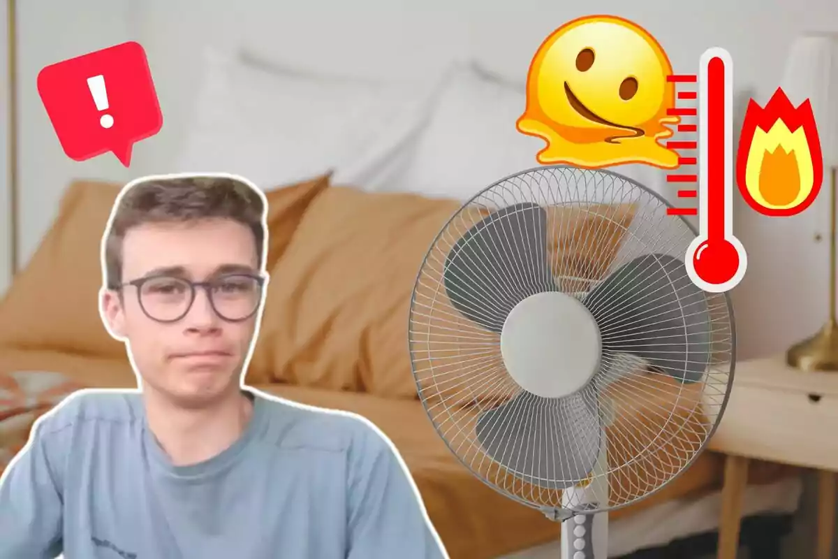 Un jove amb ulleres i expressió d'incomoditat amb un ventilador, amb emojis que representen calor extrema. Un jove amb ulleres i expressió d'incomoditat amb un ventilador, amb emojis que representen calor extrema.