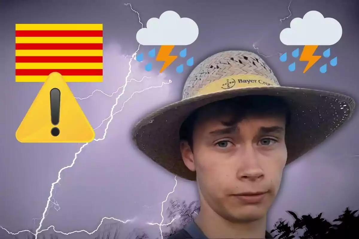 Un joven con sombrero de paja aparece en primer plano, con un fondo de relámpagos y nubes de tormenta, acompañado de un símbolo de advertencia y una bandera con franjas rojas y amarillas. Un joven con sombrero de paja aparece en primer plano, con un fondo de relámpagos y nubes de tormenta, acompañado de un símbolo de advertencia y una bandera con franjas rojas y amarillas.