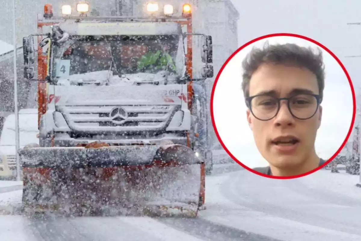 Montaje con Jorge Rey y una máquina quitanieves en una carretera nevada