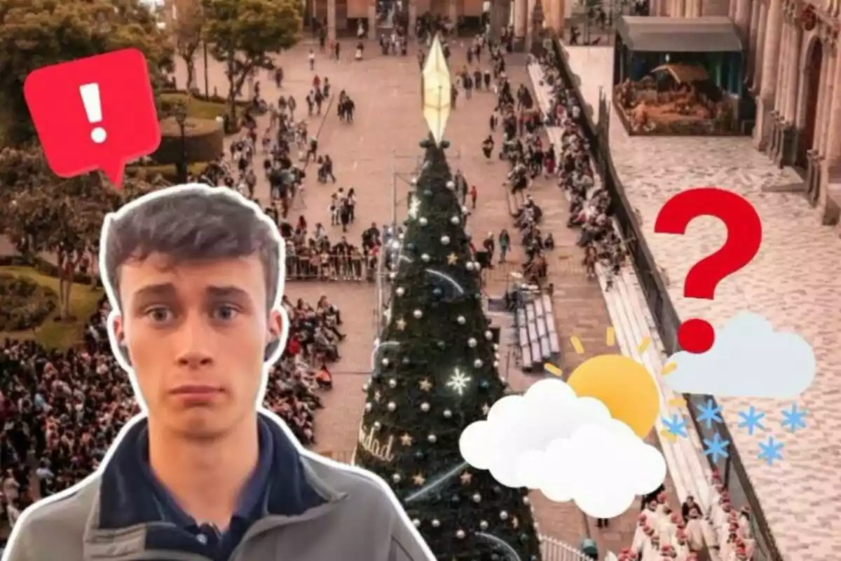 Un jove amb expressió de sorpresa i confusió està superposat sobre una imatge d?una plaça concorreguda amb un arbre de Nadal gran al centre; hi ha icones d'un signe d'exclamació, un signe d'interrogació i símbols del clima al voltant del cap.