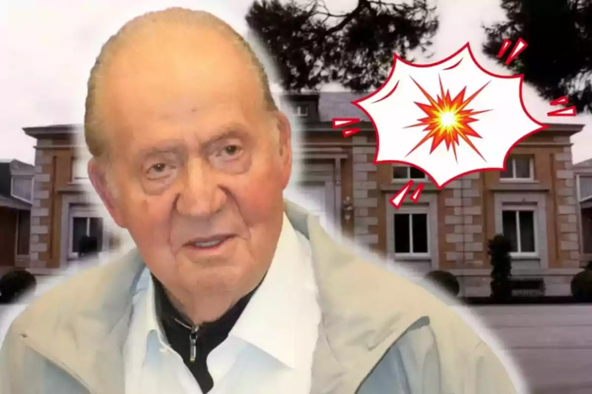 Un home gran davant d'un edifici amb un gràfic d'explosió al costat.