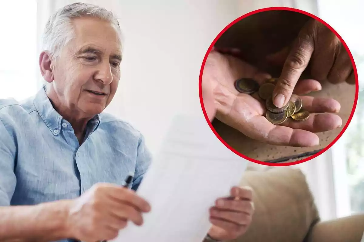 Imatge de fons d'un home gran amb papers a la mà i una altra imatge d'unes mans de persona adulta amb monedes d'euros a la mà