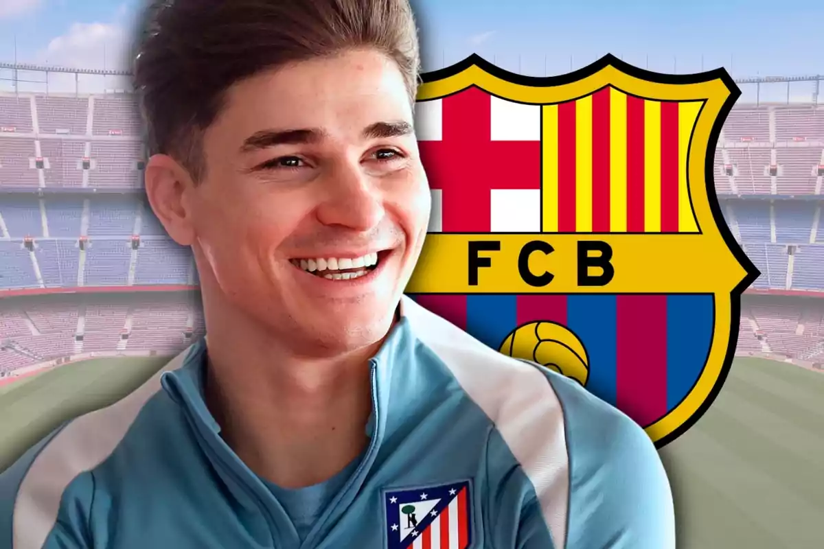 A smiling player wearing the Atlético de Madrid uniform appears in front of the FC Barcelona crest in an empty stadium.