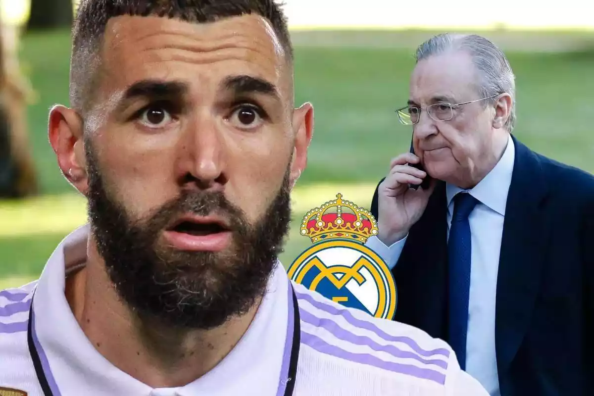 Florentino Pérez parlant per telèfon i Karim Benzema amb cara de sorpresa