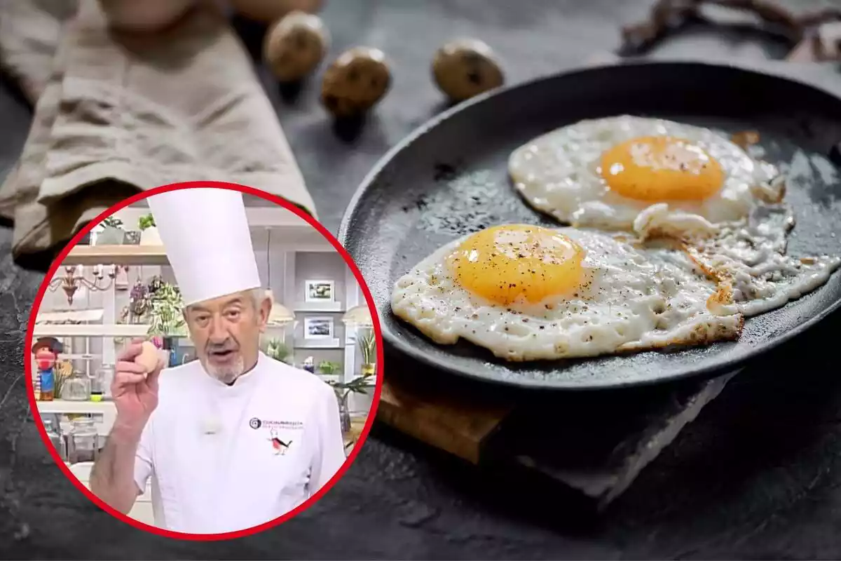 Imatge de fons de dos ous fregits en un plat i una imatge de Karlos Arguiñano amb un ou a la mà