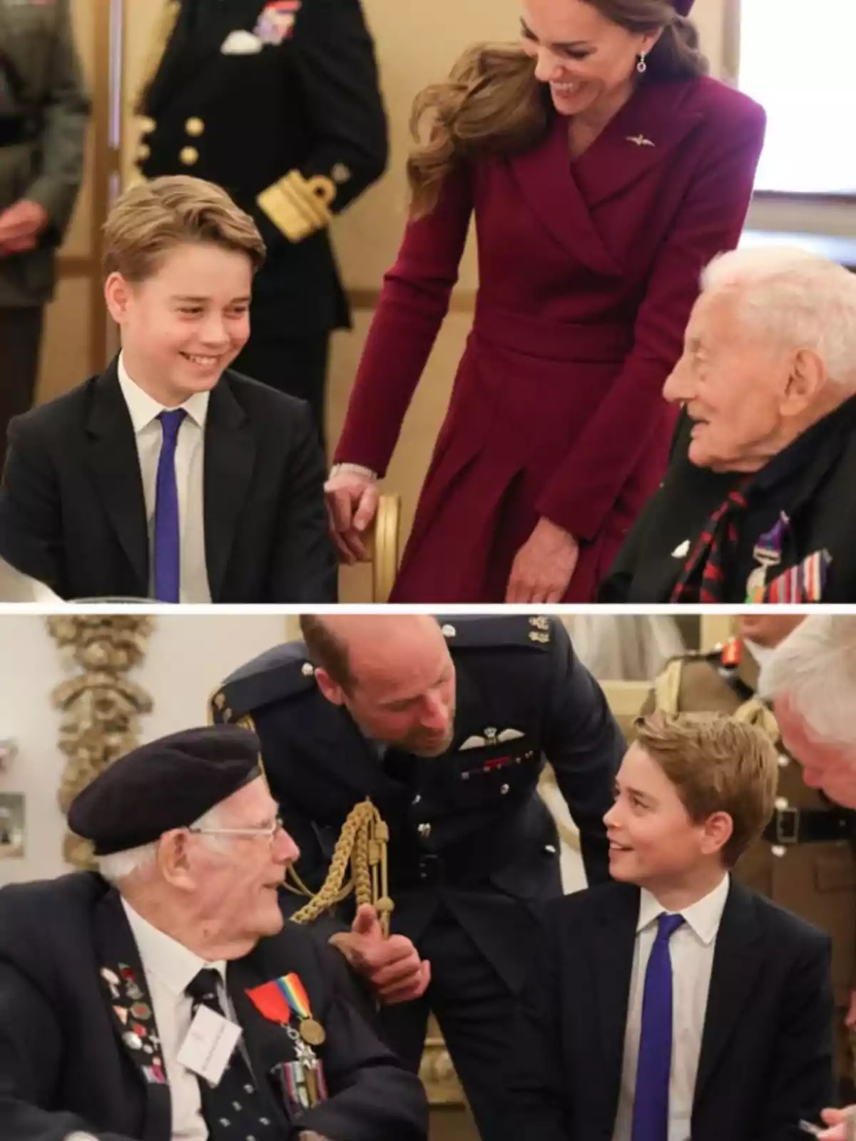 Un nen amb vestit i corbata blava somriu mentre conversa amb veterans i adults vestits de manera formal en un esdeveniment oficial. Un nen amb vestit i corbata blava somriu mentre conversa amb veterans i adults vestits de manera formal en un esdeveniment oficial.