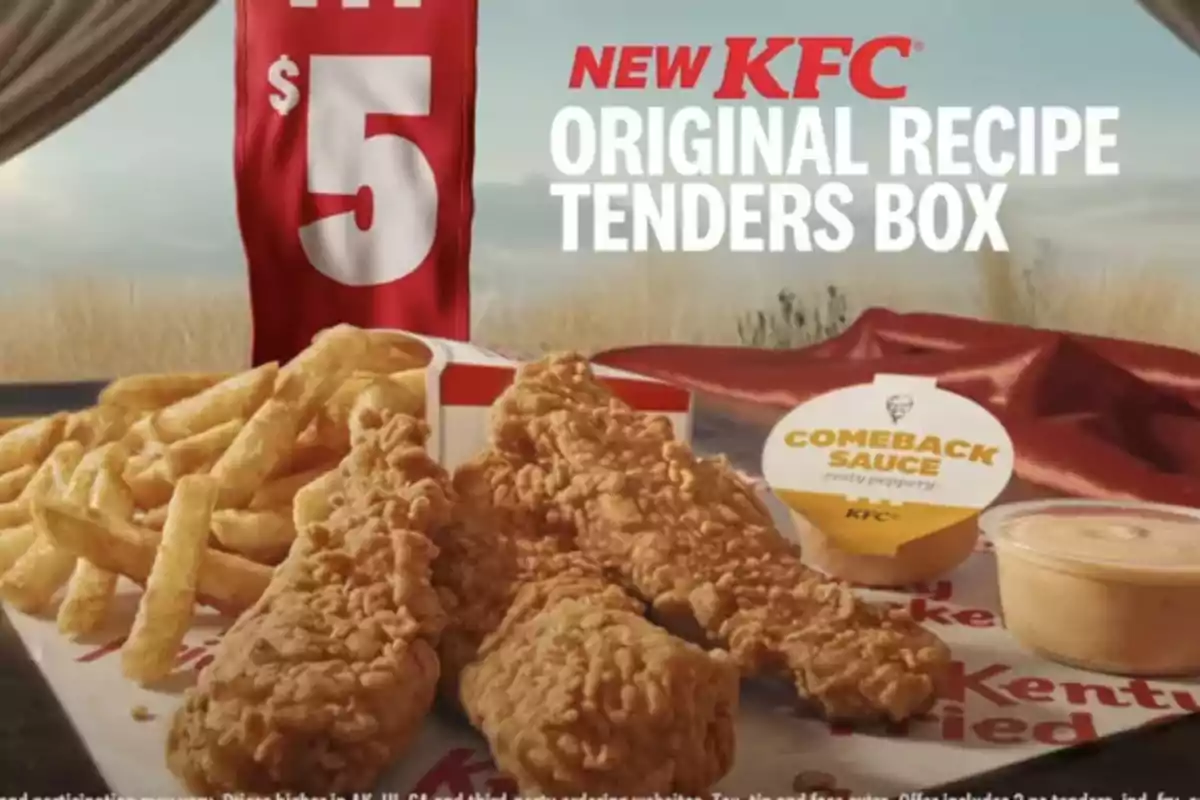 Imatge d'una promoció de KFC que mostra un combo de tendres de pollastre, patates fregides i salses, amb un cartell que indica un preu de 5 dòlars. Imatge d'una promoció de KFC que mostra un combo de tendres de pollastre, patates fregides i salses, amb un cartell que indica un preu de 5 dòlars.