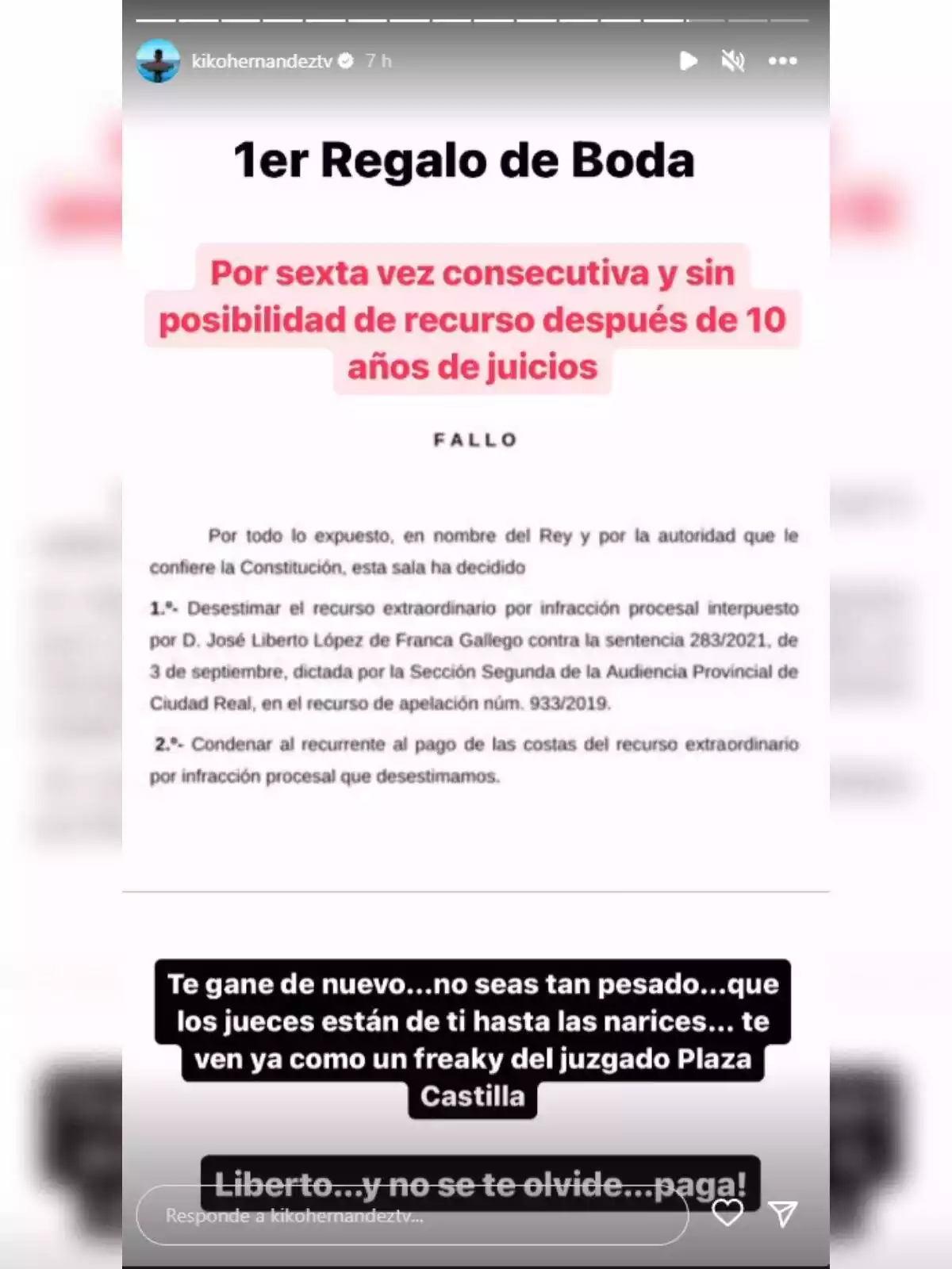 Storie de Kiko Hernández a Instagram amb la resolució d'un jutge el 19 de setembre de 2023