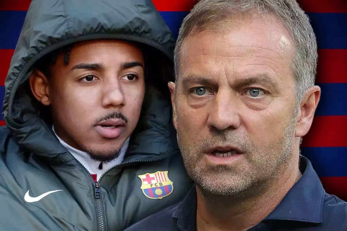 Two men, one wearing a jacket with the FC Barcelona crest and the other wearing a dark T-shirt, appear in the image against a background of red and blue stripes.