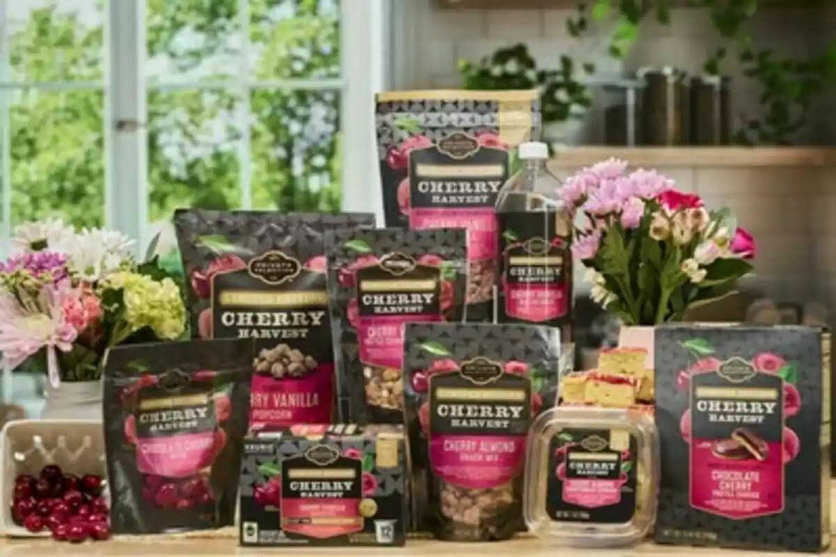 Una varietat de productes de cirera en envasos de diferents mides estan disposats sobre una taula, acompanyats de flors i cireres fresques, amb un fons de finestra que mostra un jardí verd. Una varietat de productes de cirera en envasos de diferents mides estan disposats sobre una taula, acompanyats de flors i cireres fresques, amb un fons de finestra que mostra un jardí verd.