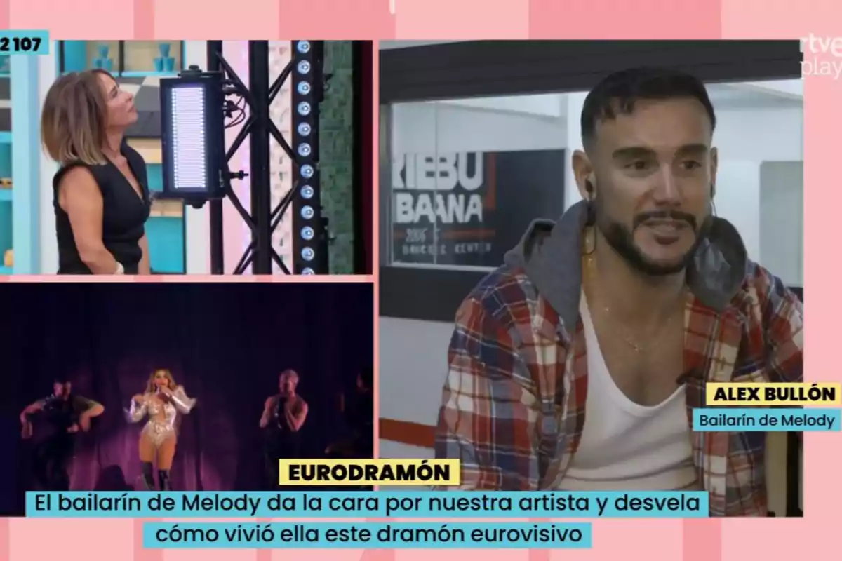 María Patiño observa una pantalla en un estudi, Alex Bullón amb auriculars parla en una entrevista i Melody actua a l'escenari amb ballarins. Captura de 'La Família de la Tele' María Patiño observa una pantalla en un estudi, Alex Bullón amb auriculars parla en una entrevista i Melody actua a l'escenari amb ballarins. Captura de 'La Família de la Tele'