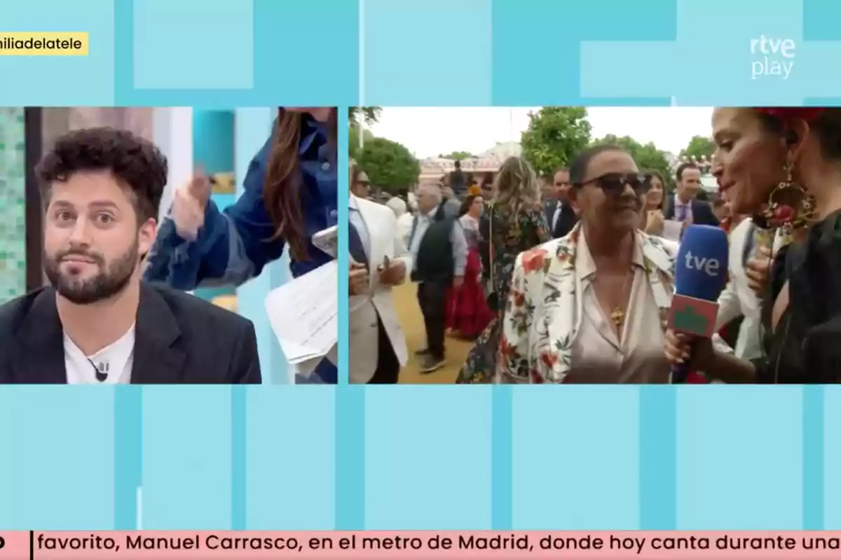 A la imatge s'observa un programa de televisió dividit en dues parts, a l'esquerra un home amb barba i expressió curiosa, a la dreta una reportera entrevistant María del Monte amb ulleres de sol en un esdeveniment a l'aire lliure, amb persones de fons i un micròfon de TVE, a la part inferior hi ha una franja amb text en moviment. Captura de 'La Família de la Tele'. A la imatge s'observa un programa de televisió dividit en dues parts, a l'esquerra un home amb barba i expressió curiosa, a la dreta una reportera entrevistant María del Monte amb ulleres de sol en un esdeveniment a l'aire lliure, amb persones de fons i un micròfon de TVE, a la part inferior hi ha una franja amb text en moviment. Captura de 'La Família de la Tele'.
