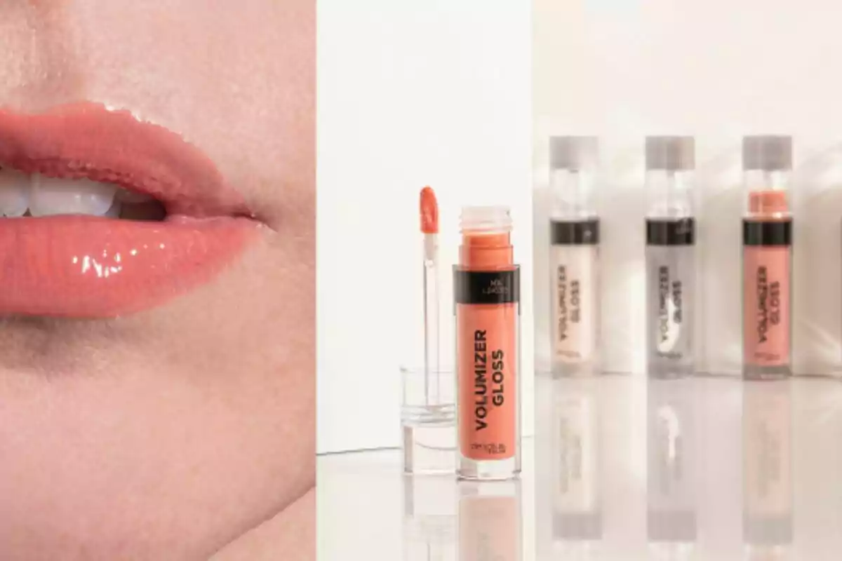 Labios con brillo de labios volumizador y varios tubos de brillo de labios en diferentes colores. Labios con brillo de labios volumizador y varios tubos de brillo de labios en diferentes colores.