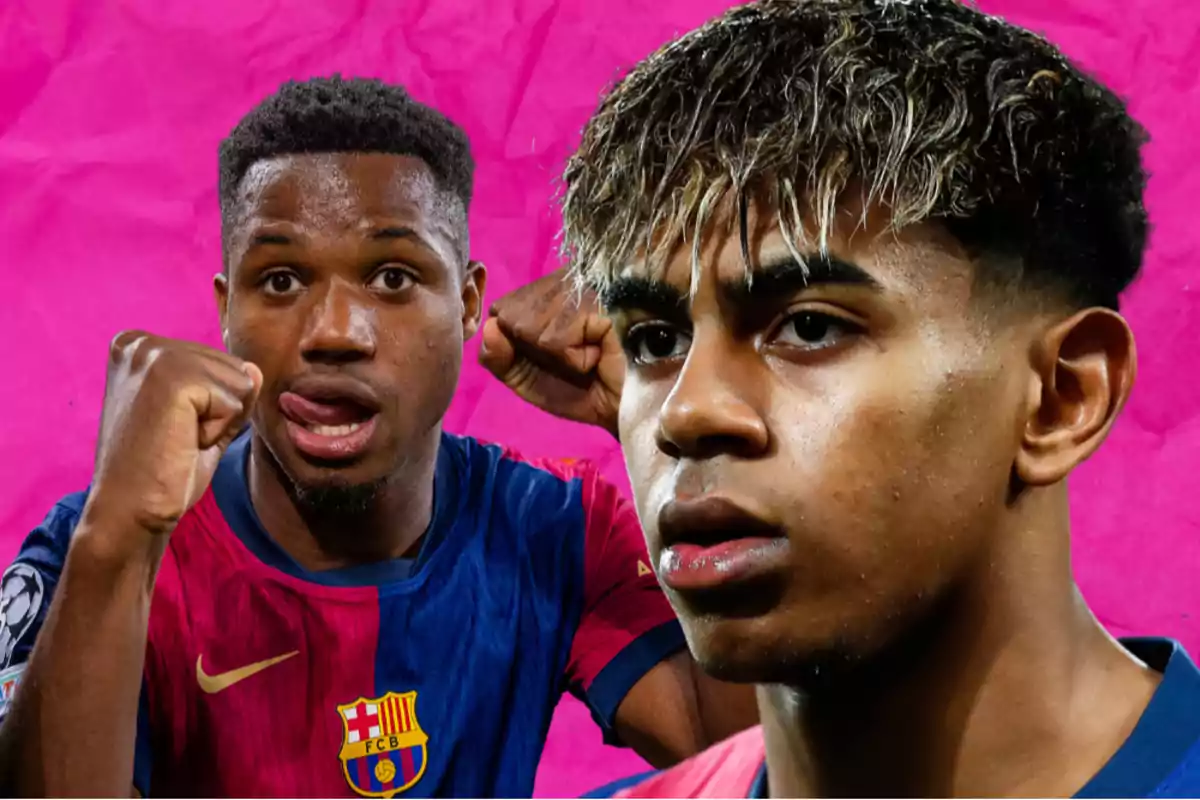 Two players wearing FC Barcelona jerseys pose in front of a pink background.