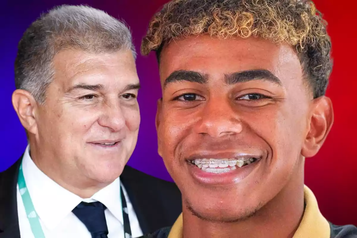 Two people smiling in front of a colorful background.