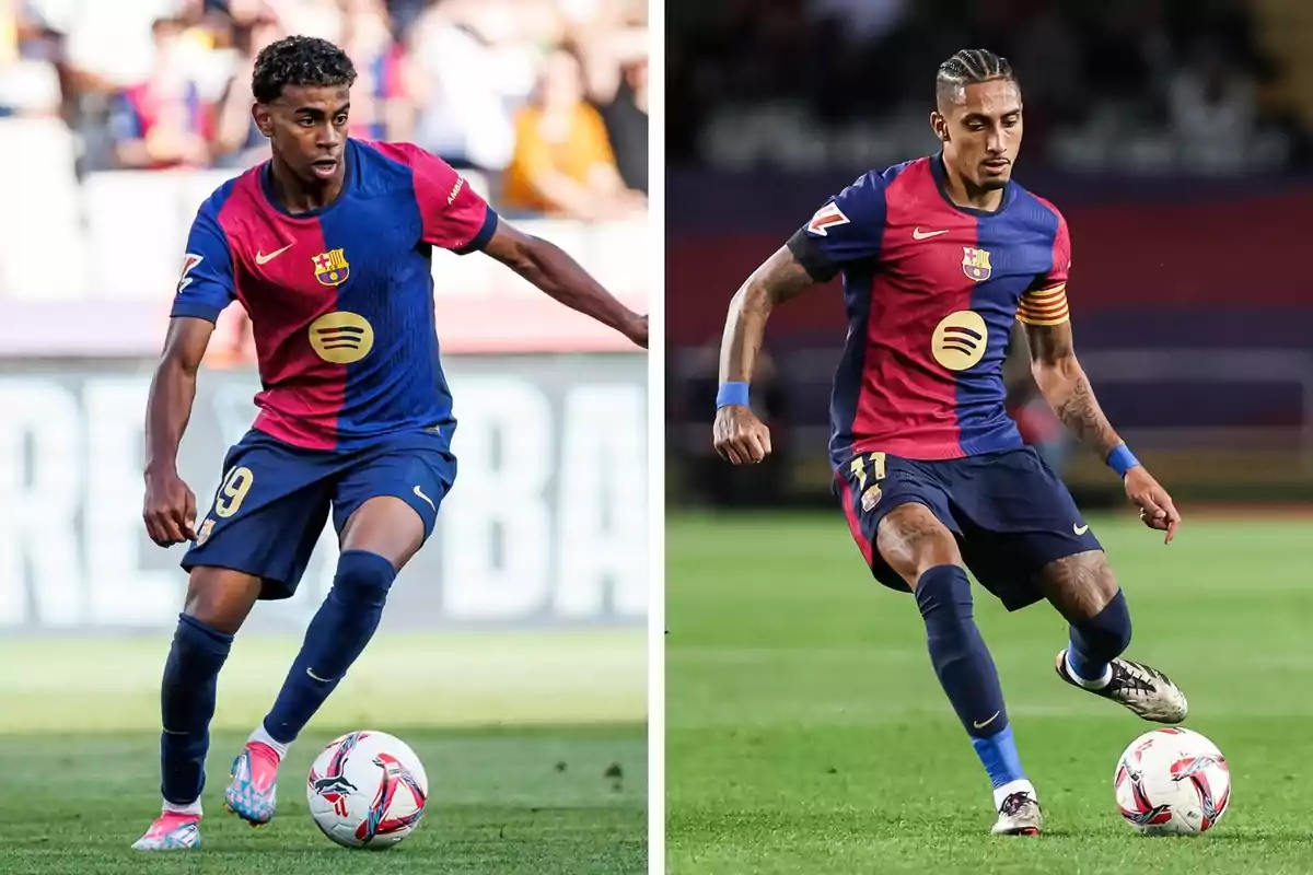 Dos futbolistes del FC Barcelona en acció durant un partit, tots dos vestint l'uniforme de l'equip i controlant la pilota al camp de joc. Dos futbolistes del FC Barcelona en acció durant un partit, tots dos vestint l'uniforme de l'equip i controlant la pilota al camp de joc.