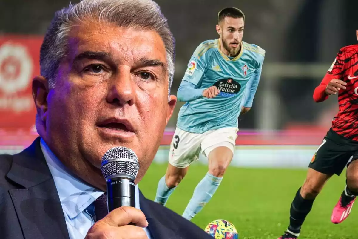 El president del Barça, Joan Laporta, en primer pla amb una foto d'Óscar Mingueza, futbolista del Celta format a la Masia del Barça. El president del Barça, Joan Laporta, en primer pla amb una foto d'Óscar Mingueza, futbolista del Celta format a la Masia del Barça.
