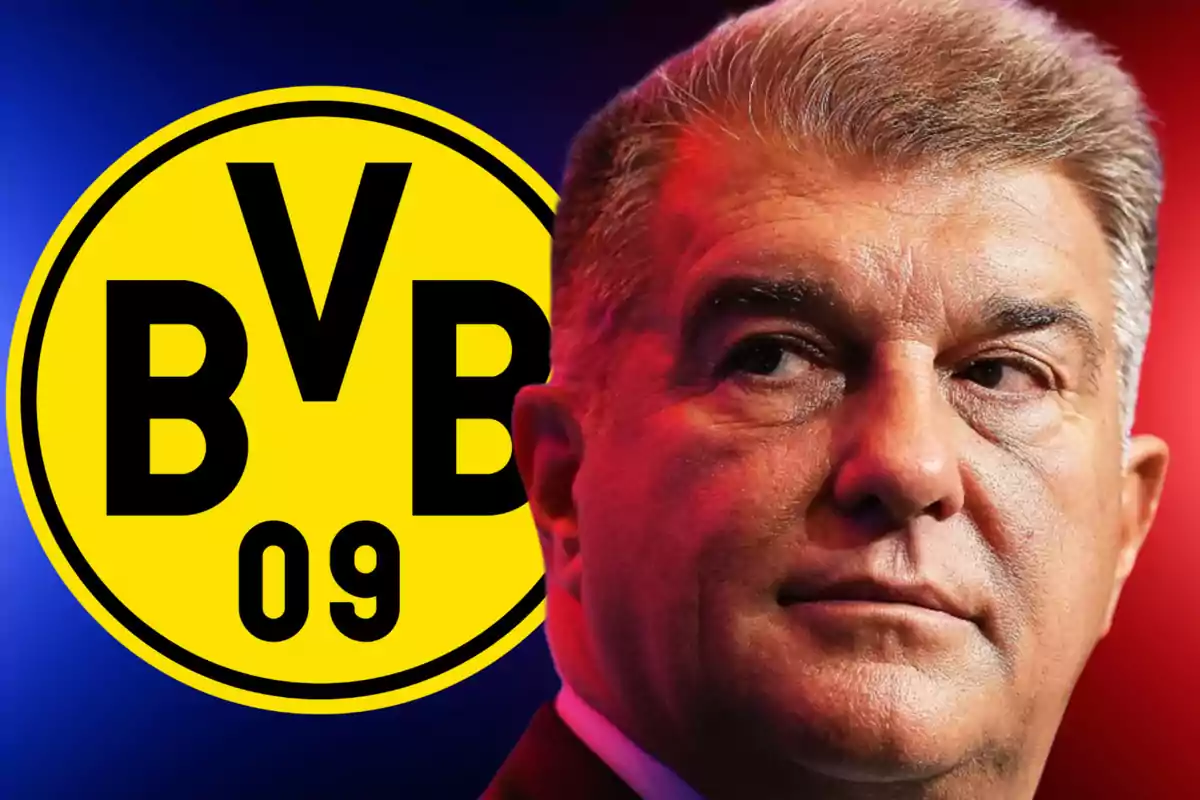 Un hombre con expresión seria junto al logo del Borussia Dortmund sobre un fondo azul y rojo.