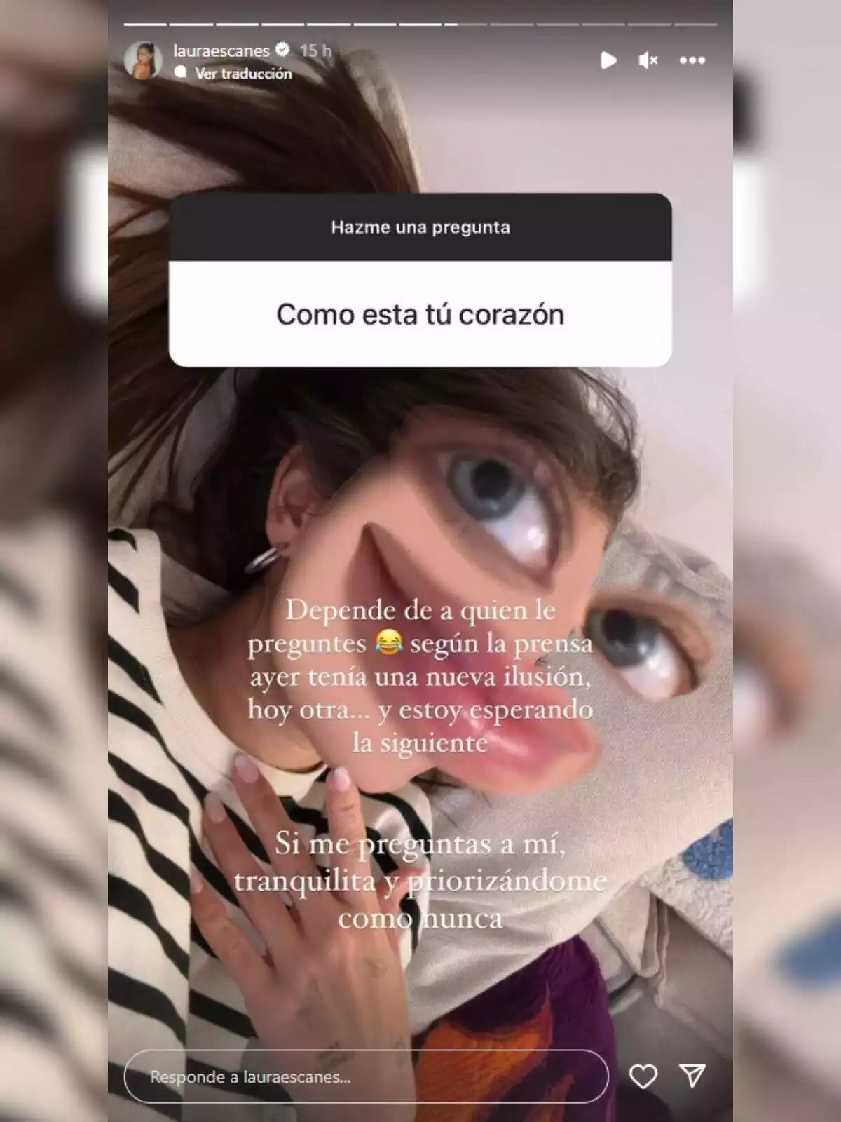Storie de Laura Escanes a Instagram amb un filtre amb els ulls grans explicant com està el seu cor el 31 de gener de 2024