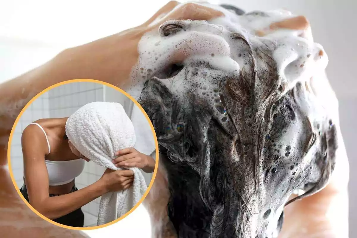 Una persona rentant-se els cabells amb una altra imatge d'una altra persona assecant-se els cabells amb una tovallola