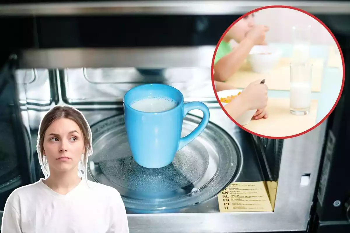 Imatge de fons d´un microones amb una tassa de llet dins al costat d´una altra de dos nens esmorzant un got de llet i una altra d´una dona amb cara de sospita