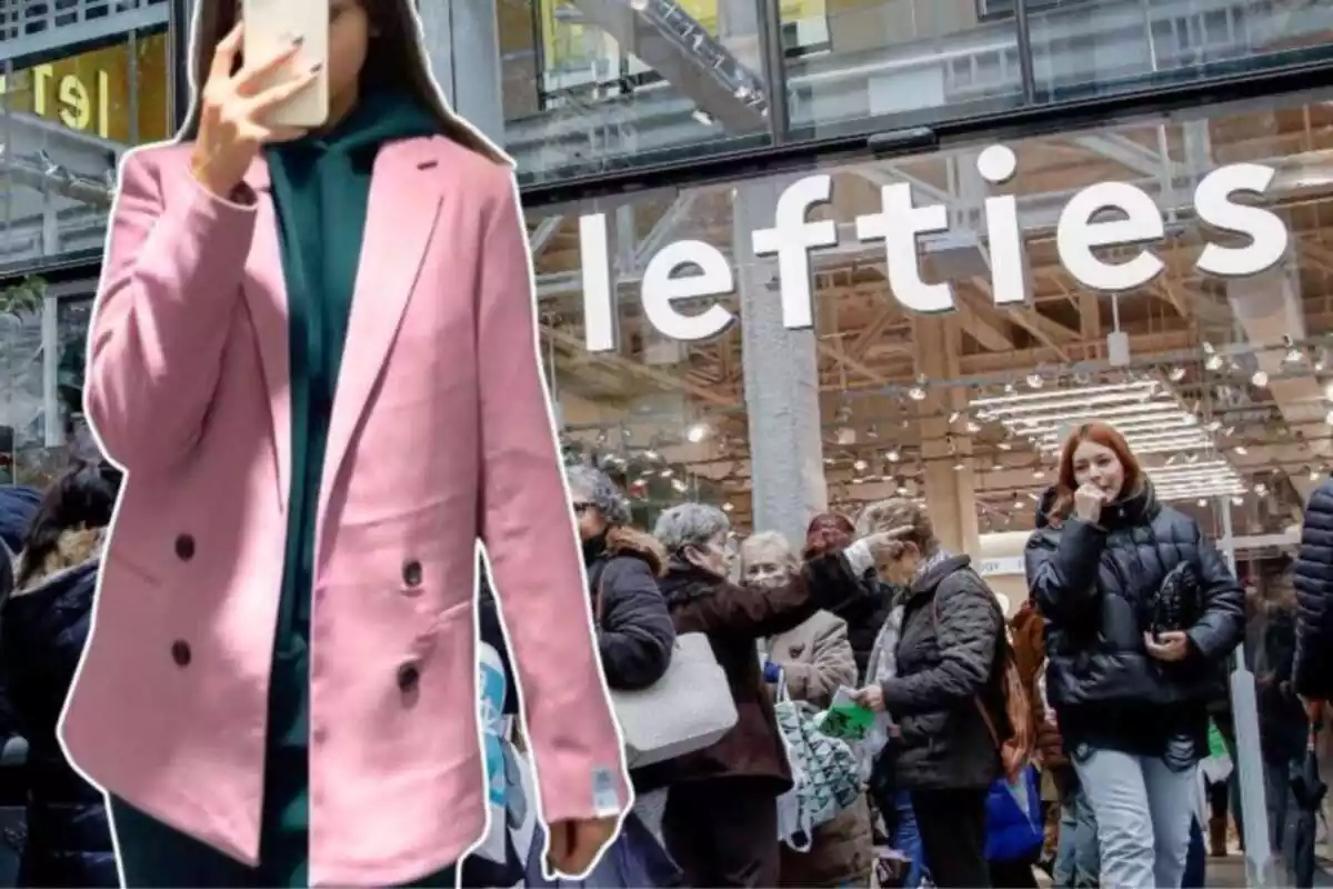 Imatge de fons d´una botiga Lefties i una altra imatge d´una persona posant amb una blazer de la marca en color rosa
