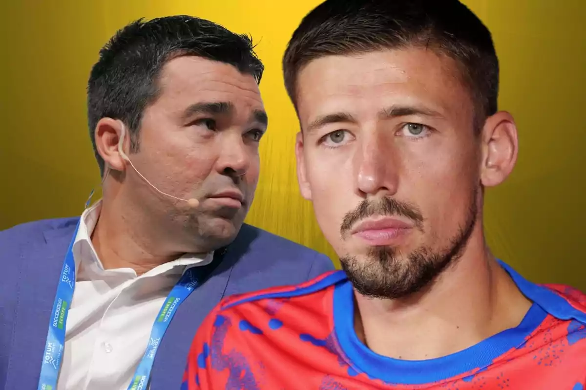 Two men in the foreground with a yellow background, one wearing a headset and a blue suit, the other wearing a red and blue sports jersey.