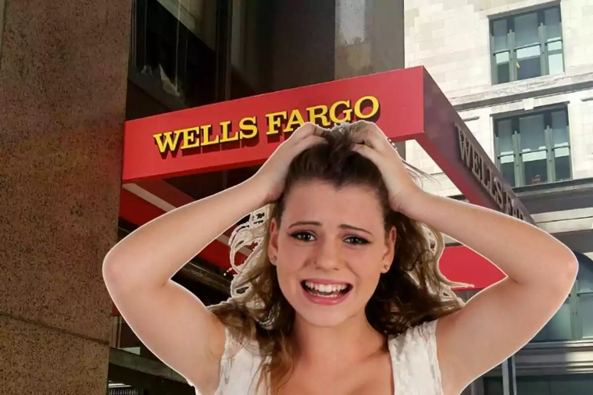 A woman with a worried expression in front of a Wells Fargo building.
