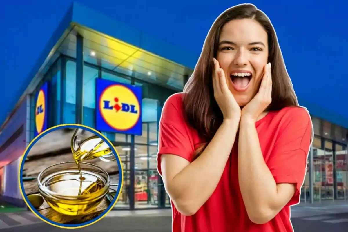 Una dona emocionada davant d'una botiga Lidl amb una imatge d'oli abocant-se en un recipient.