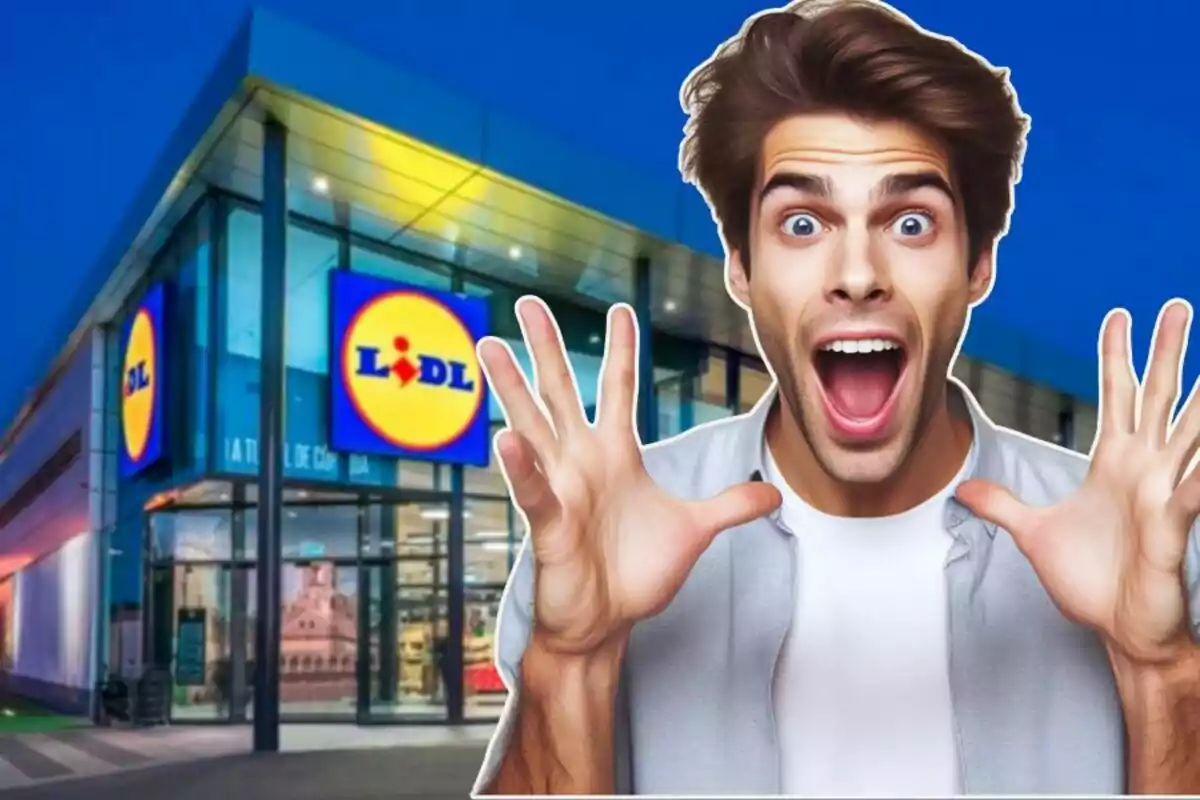 Un home amb expressió de sorpresa davant d'una botiga de Lidl.