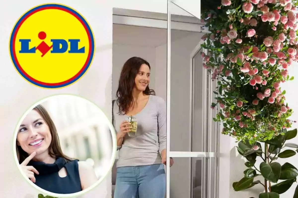 Una dona somrient sosté una beguda mentre està dreta en una porta corredissa, envoltada de flors roses i plantes, amb el logotip de Lidl a la cantonada superior esquerra i un cercle amb una altra dona somrient a la part inferior esquerra.