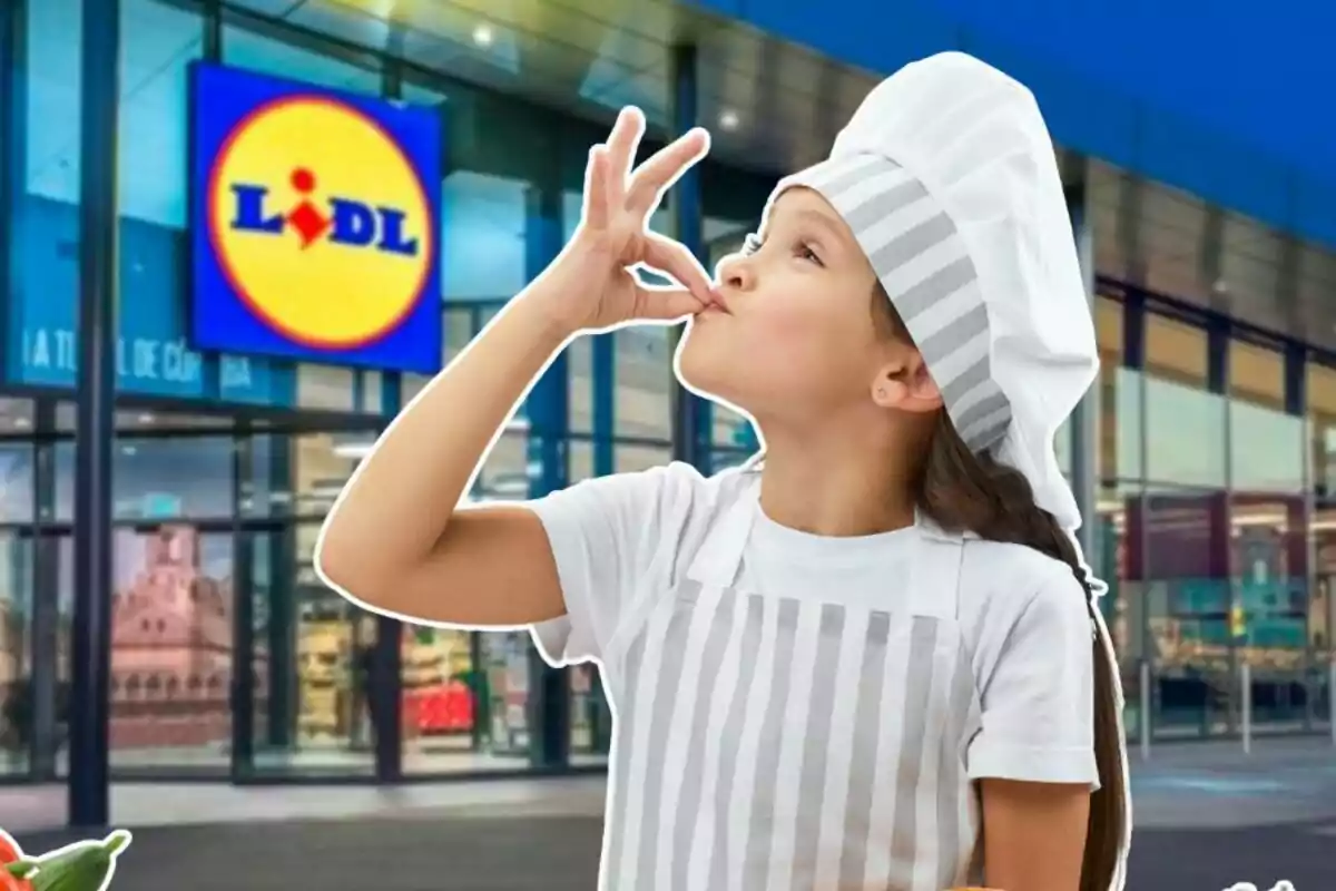 Una nena vestida de xef fa un gest d'aprovació amb la mà davant d'una botiga de Lidl.