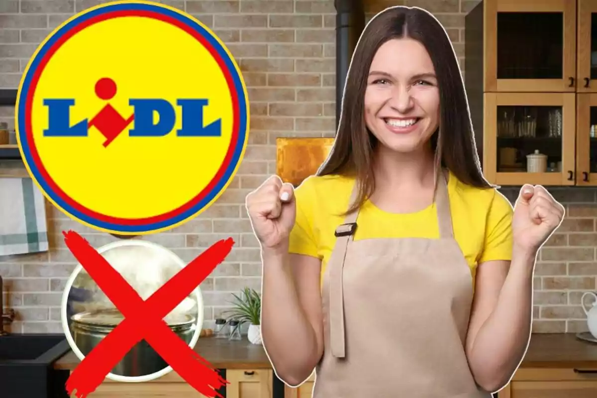 Una persona somrient amb davantal en una cuina al costat del logotip de Lidl i un símbol de prohibició sobre una olla.