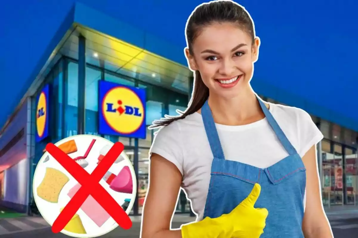 Una dona somrient amb davantal i guants grocs davant d'una botiga Lidl, amb un símbol de prohibició sobre productes de neteja.