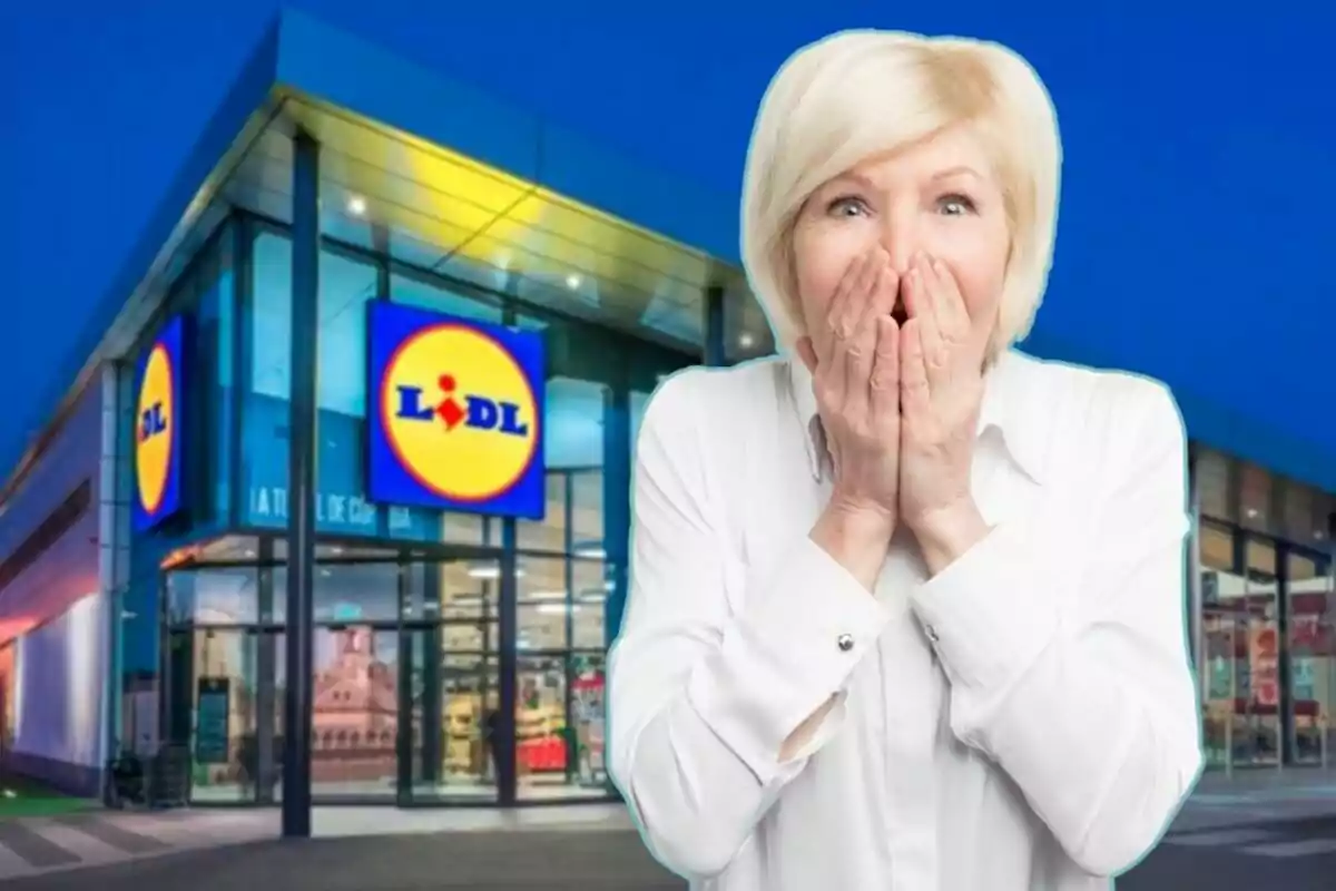 Una dona sorpresa davant una botiga de Lidl.