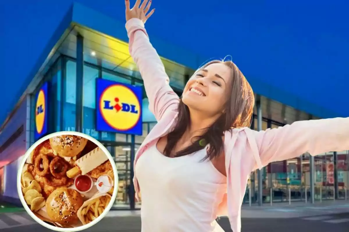 Una persona somrient amb els braços estesos davant d'una botiga Lidl, amb una imatge circular de menjar ràpid a la cantonada inferior esquerra.