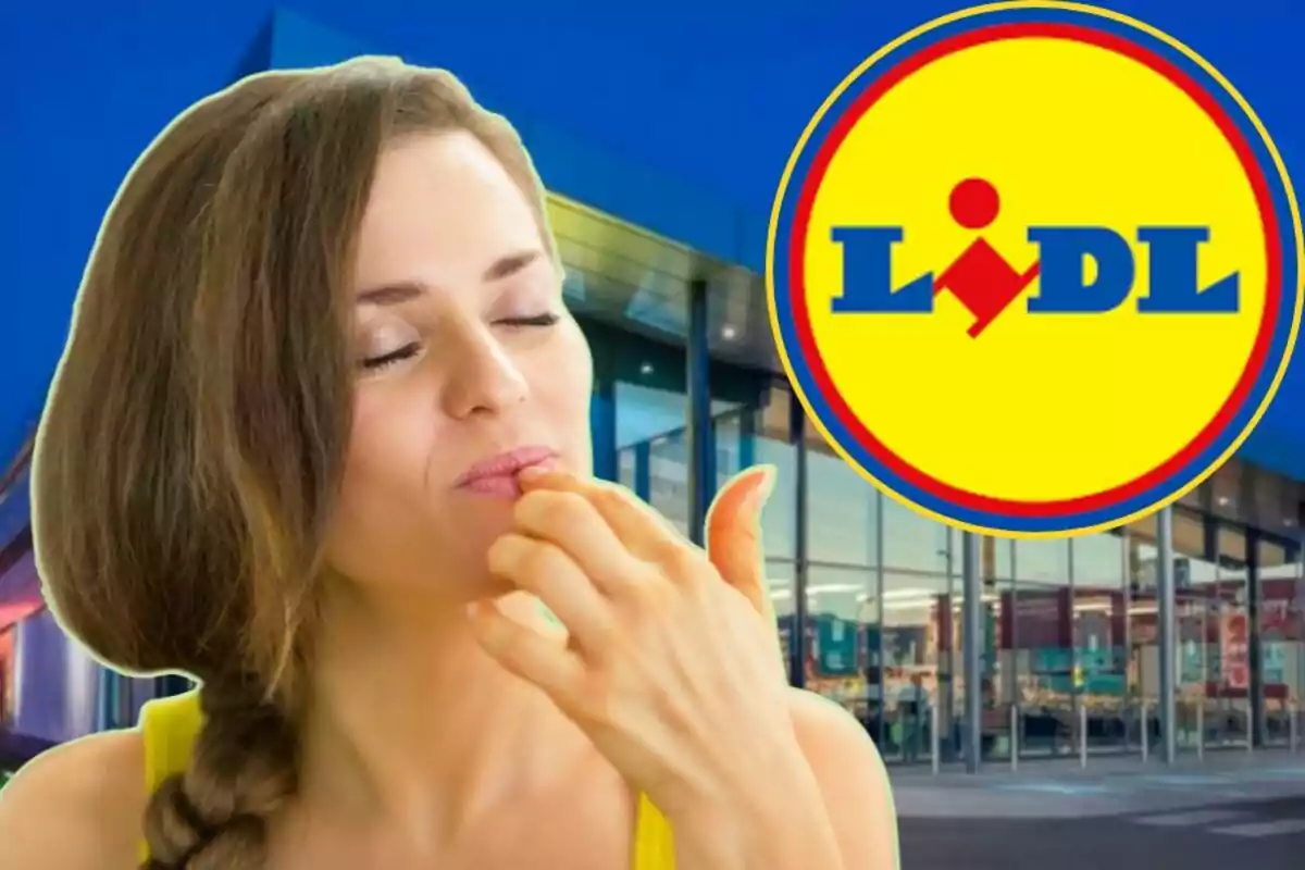 Dona gaudint d'una cosa saborosa davant d'una botiga amb el logotip de Lidl.