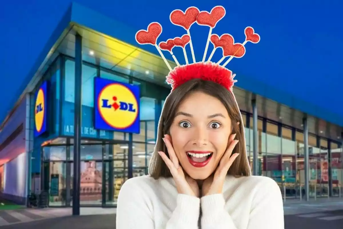 Una persona somrient amb una diadema de cors davant d'una botiga Lidl.