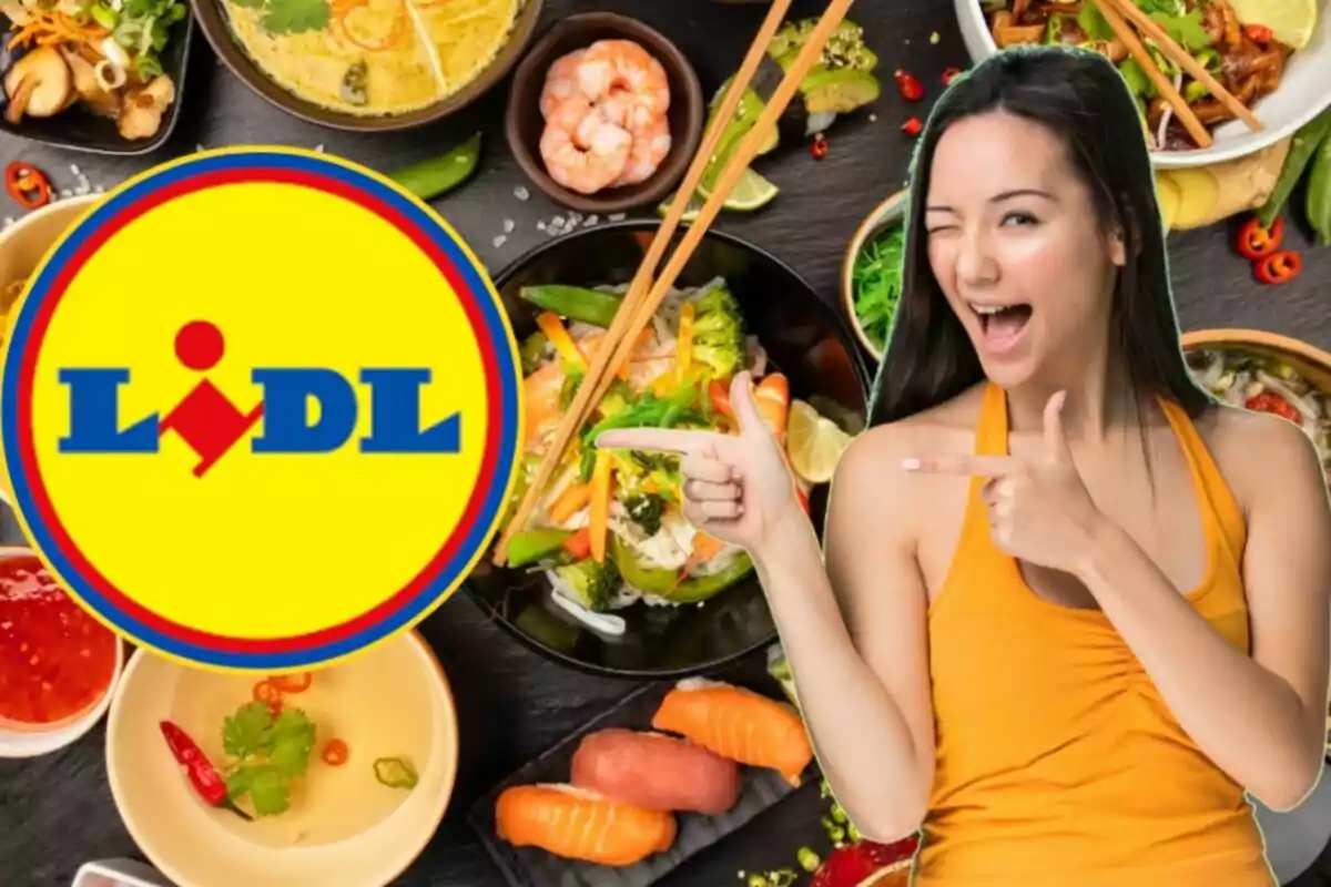 Una dona somrient assenyala el logotip de Lidl mentre està envoltada de plats de menjar asiàtic.