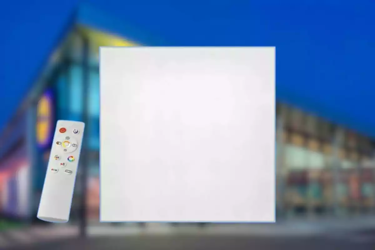 Un comandament a distància blanc amb diversos botons de colors és al costat d'un panell quadrat blanc, amb un fons desenfocat d'un edifici il·luminat.