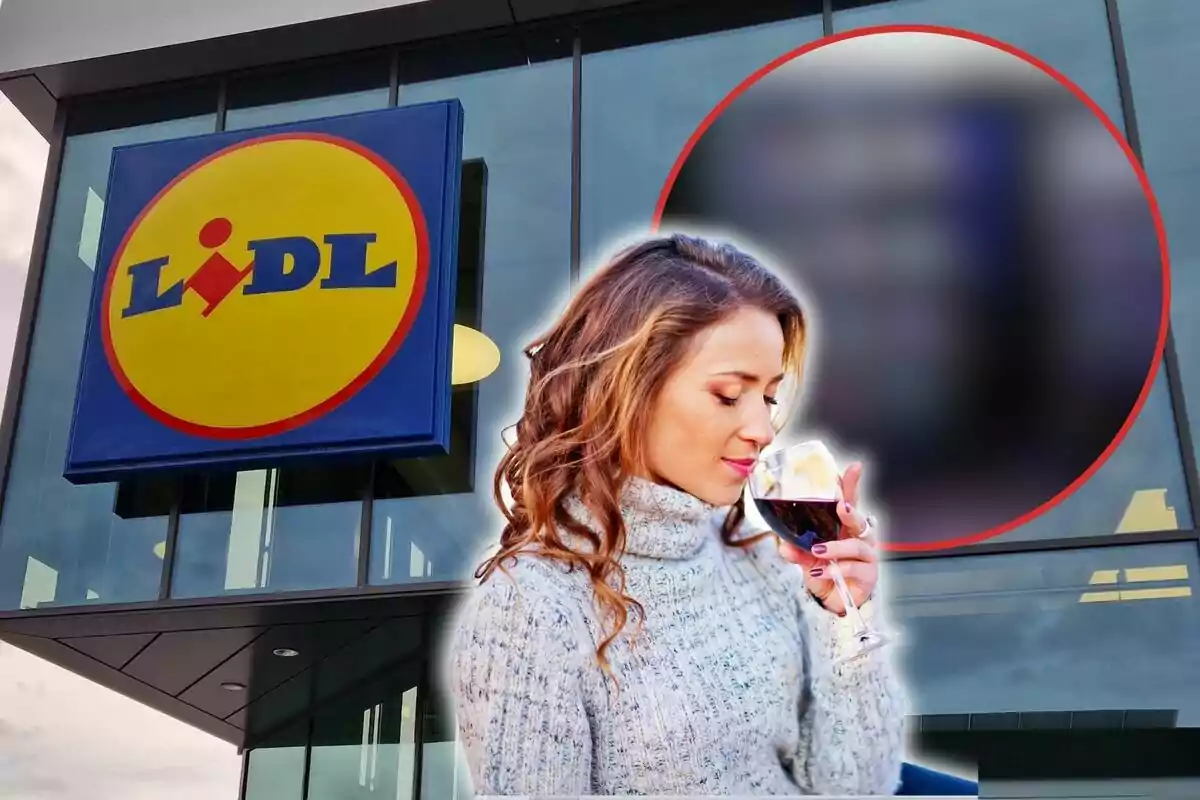 Una dona gaudint d?una copa de vi davant d?una botiga Lidl.