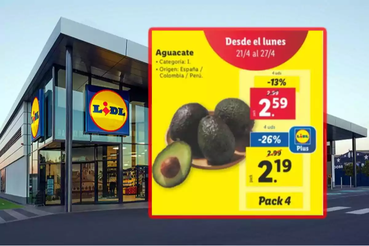Imatge d'una botiga Lidl amb un cartell promocional d'alvocats, mostrant preus i descomptes disponibles del 21/4 al 27/4. Imatge d'una botiga Lidl amb un cartell promocional d'alvocats, mostrant preus i descomptes disponibles del 21/4 al 27/4.