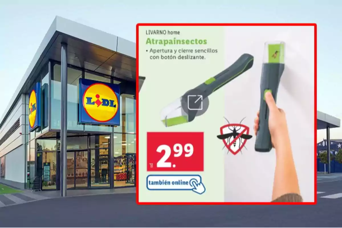 La imatge mostra una botiga Lidl amb un cartell promocional d'un atrapa-insectes de la marca LIVARNO home, que té un disseny amb botó lliscant per a obertura i tancament, i s'ofereix a un preu de 2,99 euros, disponible també en línia. La imatge mostra una botiga Lidl amb un cartell promocional d'un atrapa-insectes de la marca LIVARNO home, que té un disseny amb botó lliscant per a obertura i tancament, i s'ofereix a un preu de 2,99 euros, disponible també en línia.