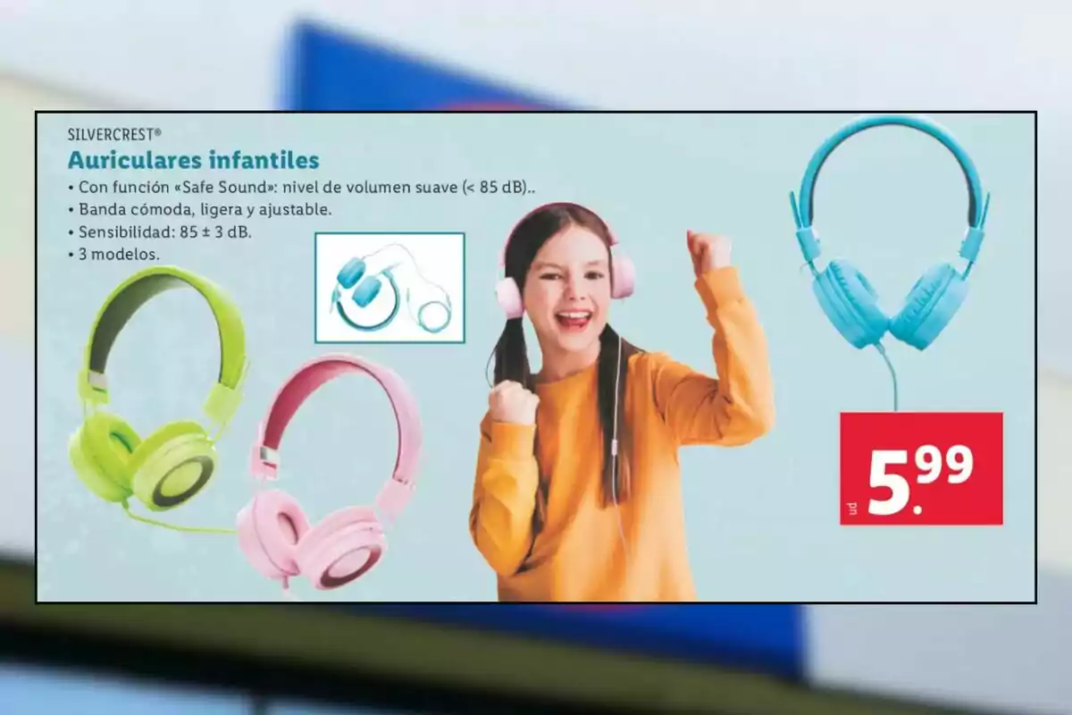 Publicitat d’auriculars infantils en colors verd, rosa i blau amb una nena utilitzant uns auriculars roses i somrient, preu de 5,99 euros destacat en un requadre vermell